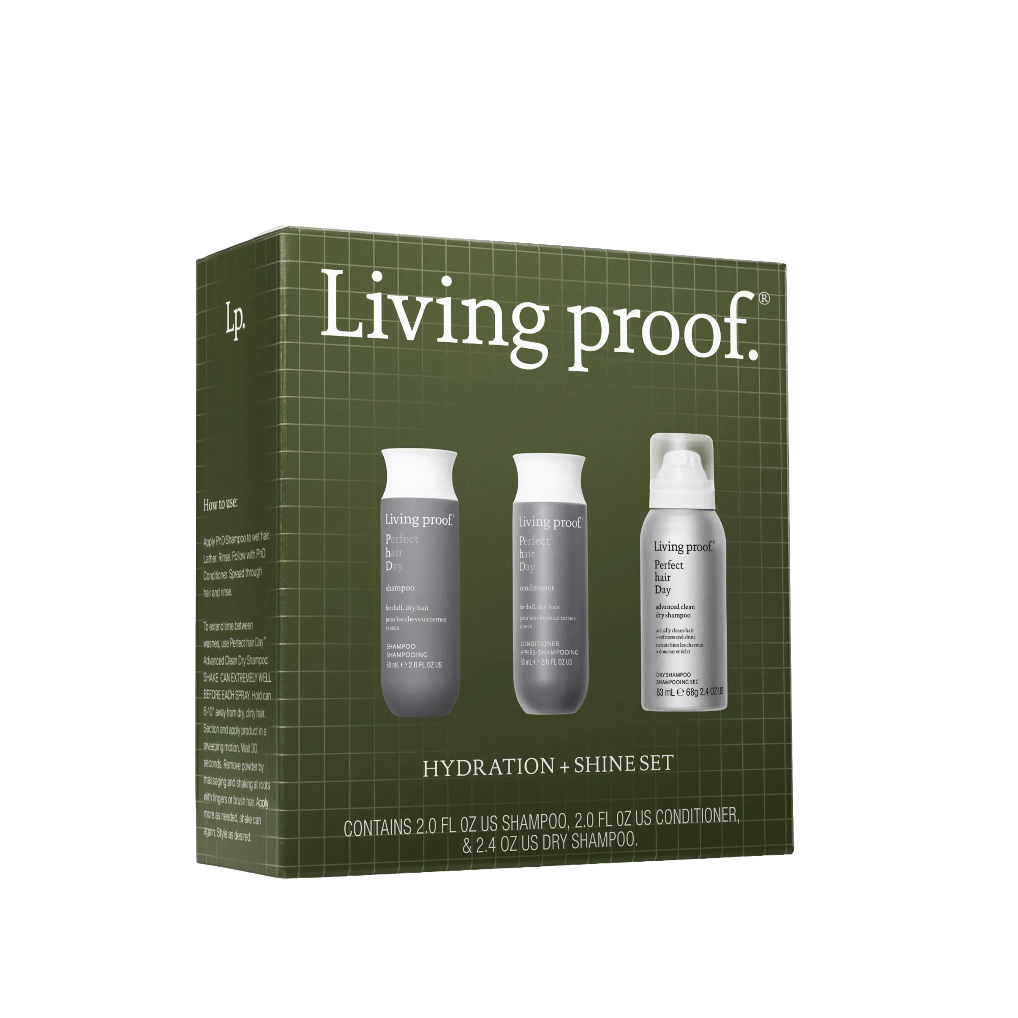 A green box labeled Perfect hair Day™ Hydration + Shine Set displays shampoo, conditioner, and dry shampoo bottles on the front, with text below showing the included sizes in this hydration-focused haircare kit.