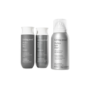 Three silver bottles of the Perfect hair Day™ Hydration + Shine Set, featuring shampoo, conditioner, and advanced clean dry shampoo for hydration and shine, are displayed against a white background.