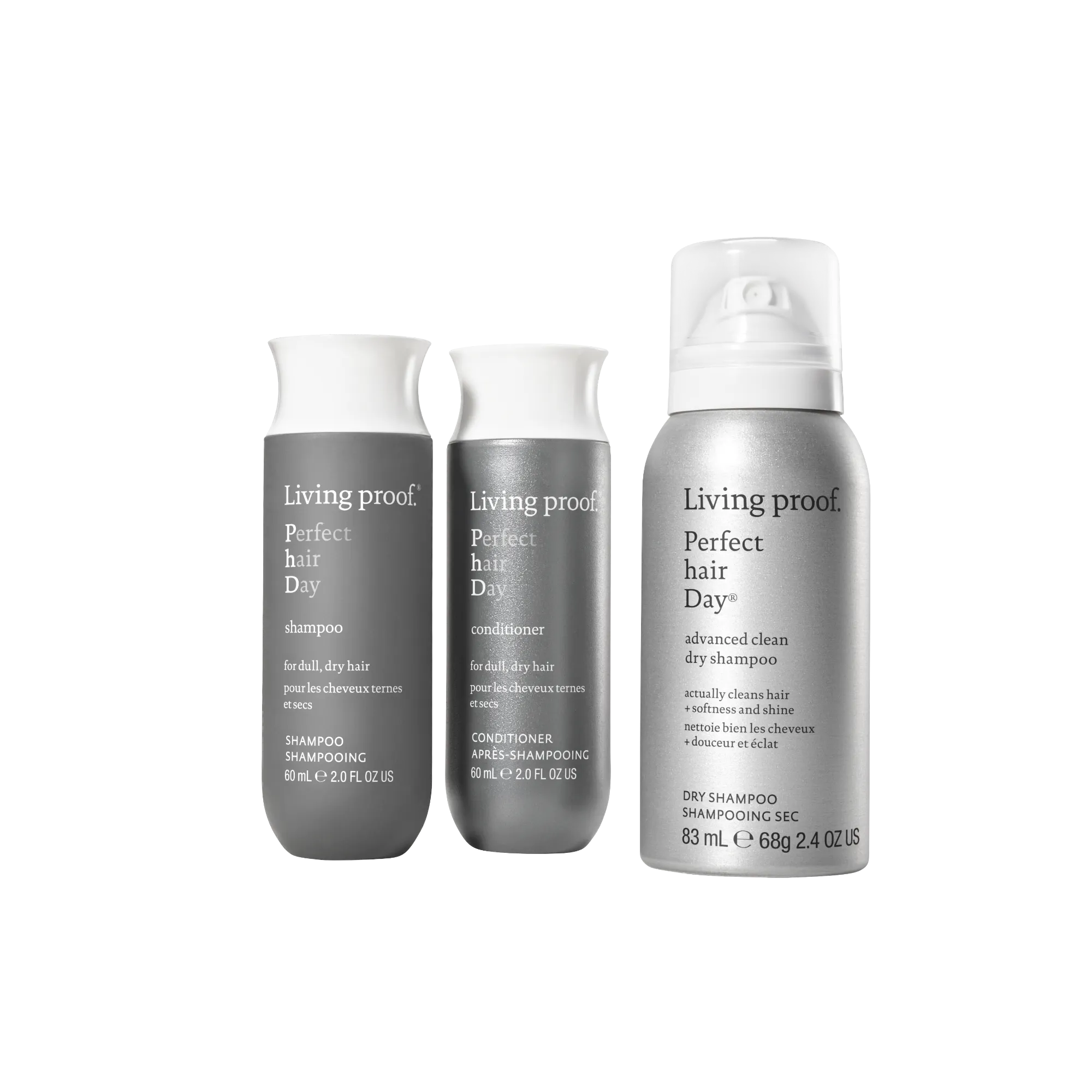Three silver bottles of the Perfect hair Day™ Hydration + Shine Set, featuring shampoo, conditioner, and advanced clean dry shampoo for hydration and shine, are displayed against a white background.