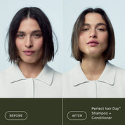 Split image shows a woman before and after using Perfect hair Day™ Hydration + Shine Set. Left: her hair is messy and flat. Right: her hair looks smooth, shiny, and hydrated. Text reads: “Before” and “Perfect hair Day™ After.”.