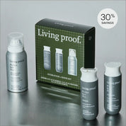 The Perfect hair Day™ Hydration + Shine Set, including a dry shampoo spray and three bottles, is displayed on a metallic surface with its green box and a "30% Savings" label visible.