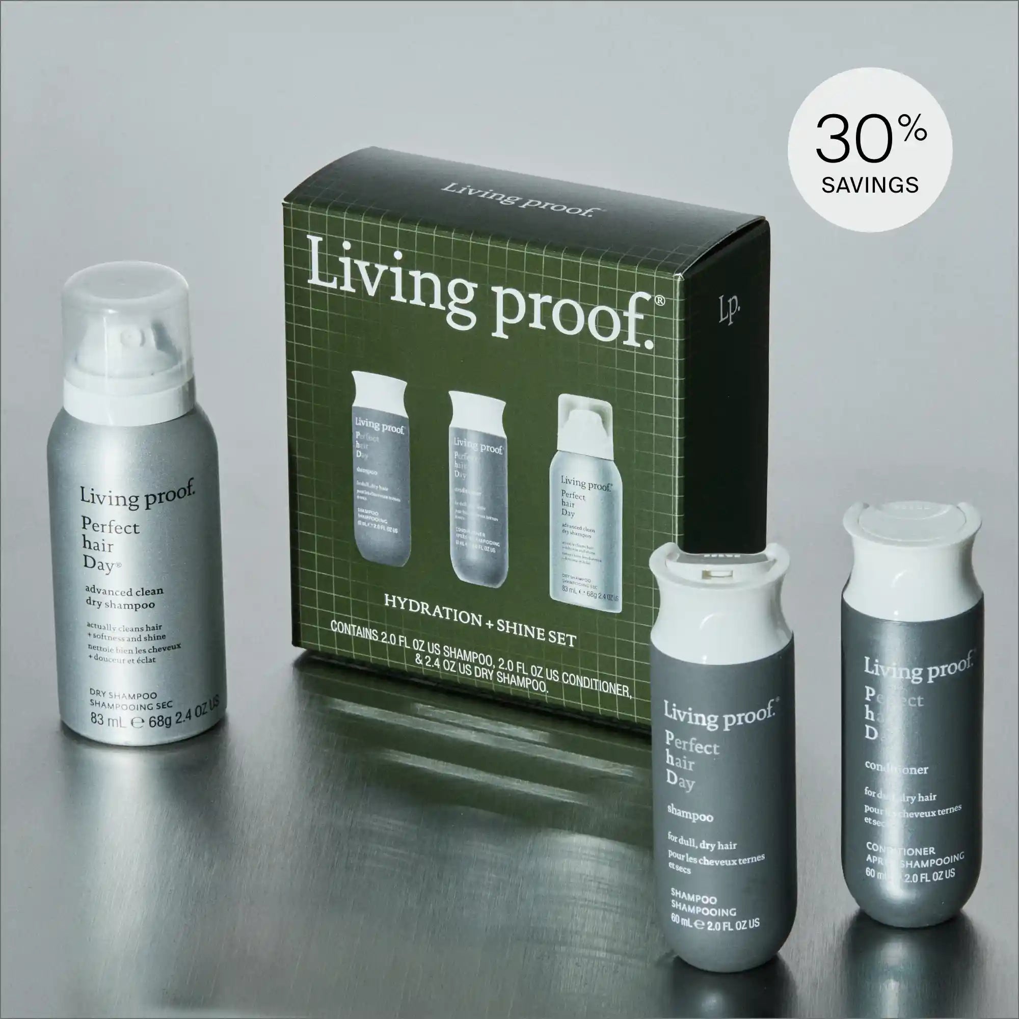 The Perfect hair Day™ Hydration + Shine Set, including a dry shampoo spray and three bottles, is displayed on a metallic surface with its green box and a "30% Savings" label visible.