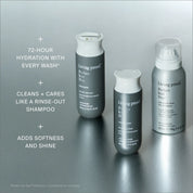Three bottles of the Perfect hair Day™ Hydration + Shine Set are displayed on a light surface. Text highlights: “72-hour hydration with every wash, cleans and cares like a rinse-out shampoo, adds softness and shine.”.
