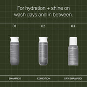 The Perfect hair Day™ Hydration + Shine Set, featuring shampoo, conditioner, and dry shampoo, is displayed on a green grid with text above: For hydration + shine on wash days and in between.
