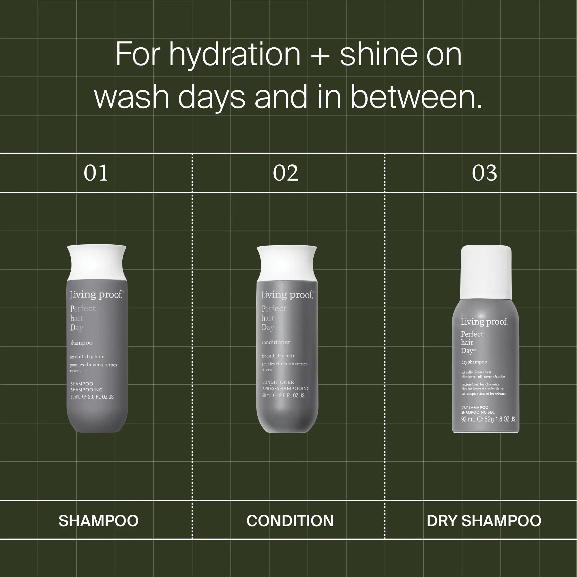 The Perfect hair Day™ Hydration + Shine Set, featuring shampoo, conditioner, and dry shampoo, is displayed on a green grid with text above: For hydration + shine on wash days and in between.