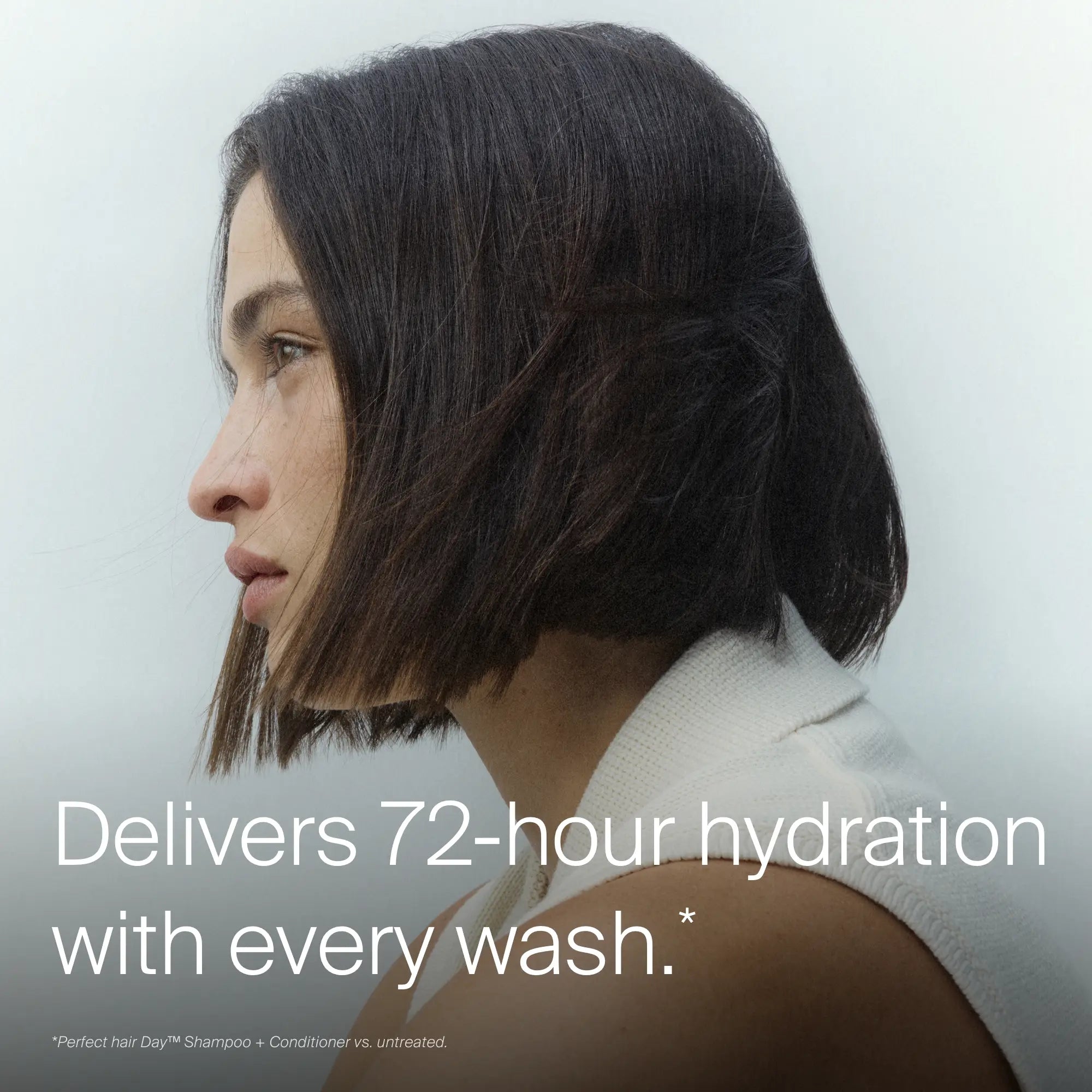 A woman with a sleek, dark bob looks left, wearing a white sleeveless top. Overlay text reads: Perfect hair Day™ Hydration + Shine Set—delivers 72-hour hydration with every wash*, the essential for your haircare kit.