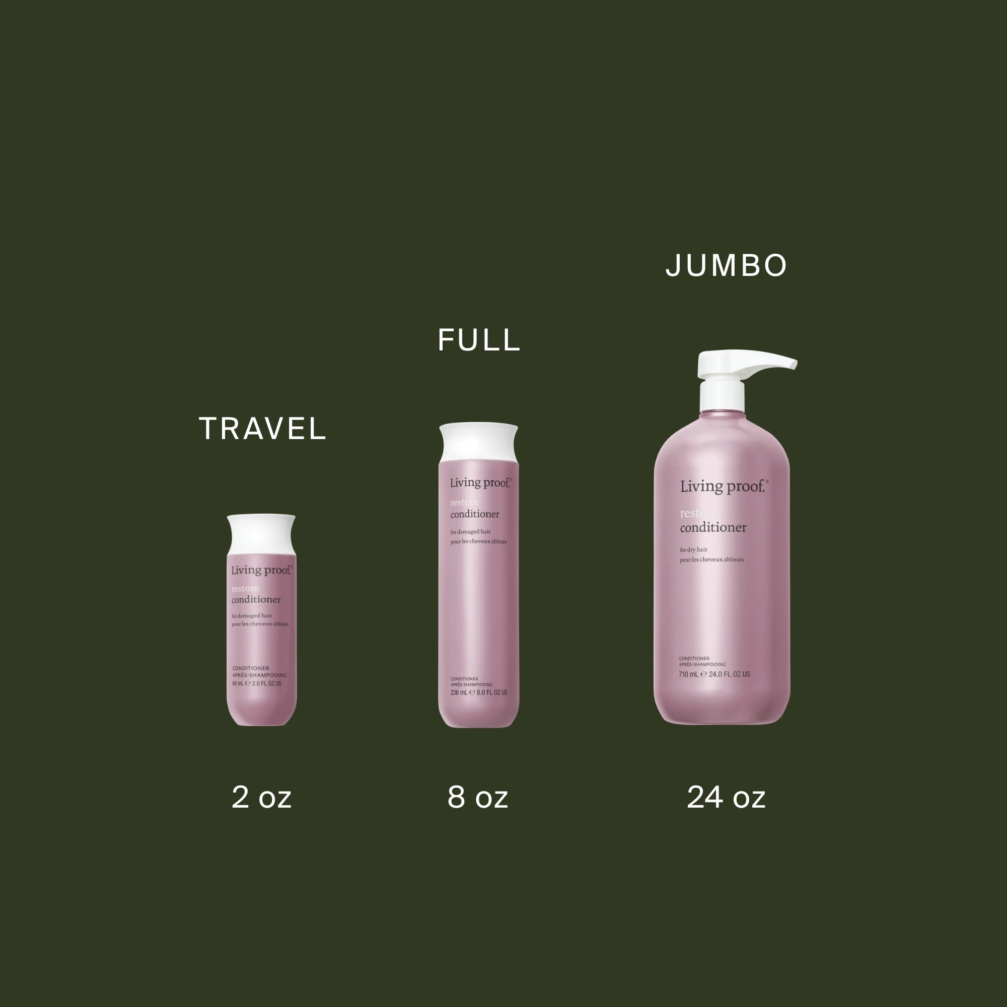 Three sizes of Restore Conditioner bottles are displayed on a dark green background: 2 oz (Travel), 8 oz (Full), and 24 oz with pump (Jumbo)—featuring Sili-CLONE HairTech to help reverse damage.