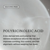 A translucent liquid background with text: SILICONE-FREE. POLYRICINOLEIC ACID. Restore Conditioner delivers silicone-like slip and reverses damage for easy combing, frizz control, and hair alignment—without heaviness.