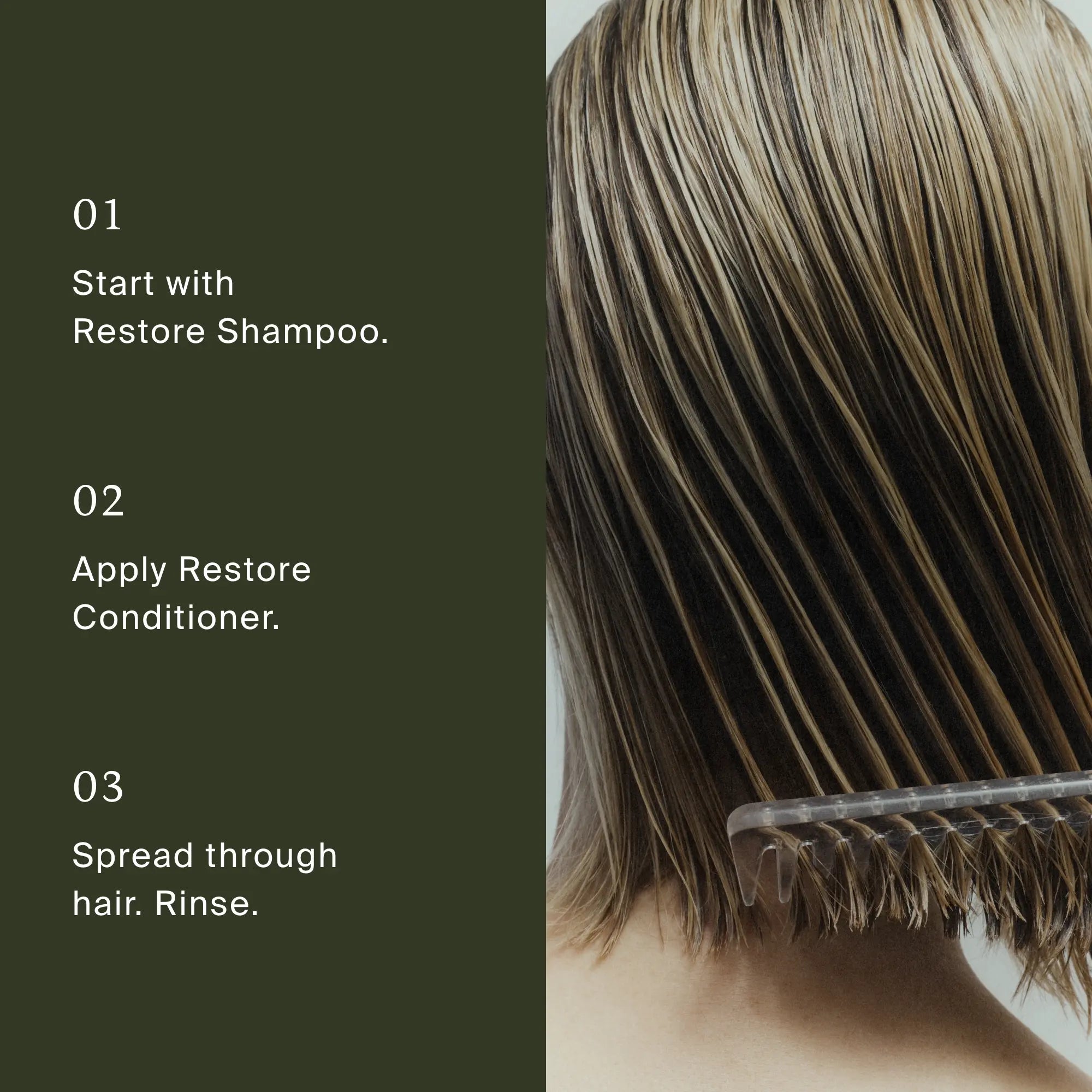 Split image: Left—dark green background with white text showing 3 haircare steps featuring Sili-CLONE HairTech. Right—close-up of wet, straight, shoulder-length hair being combed with a wide-tooth comb while Restore Conditioner reverses damage.