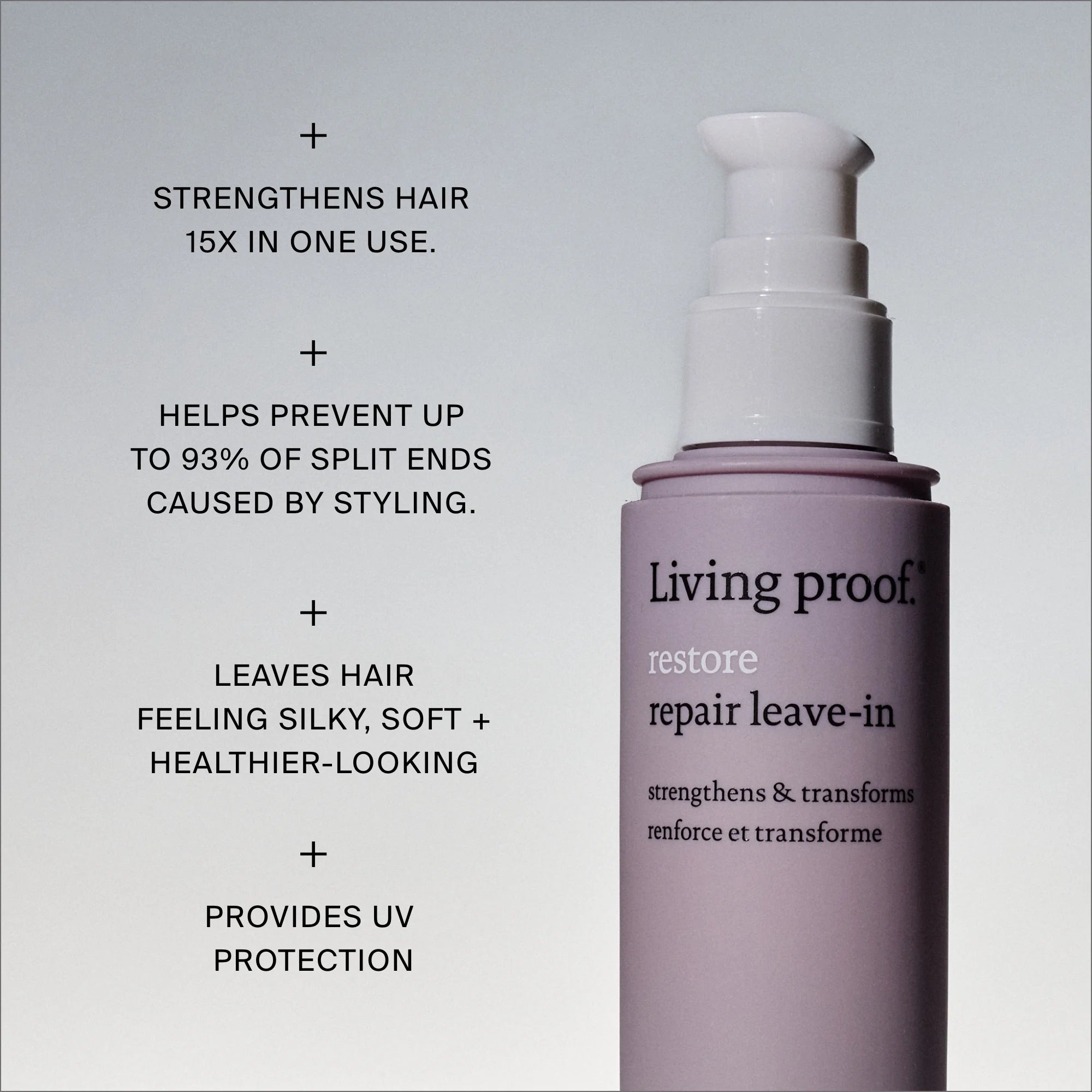 On the right is a bottle of Restore Repair Leave-In, while text on the left highlights its benefits: strengthens hair, helps prevent split ends, leaves hair soft and healthy-looking, and provides UV protection.