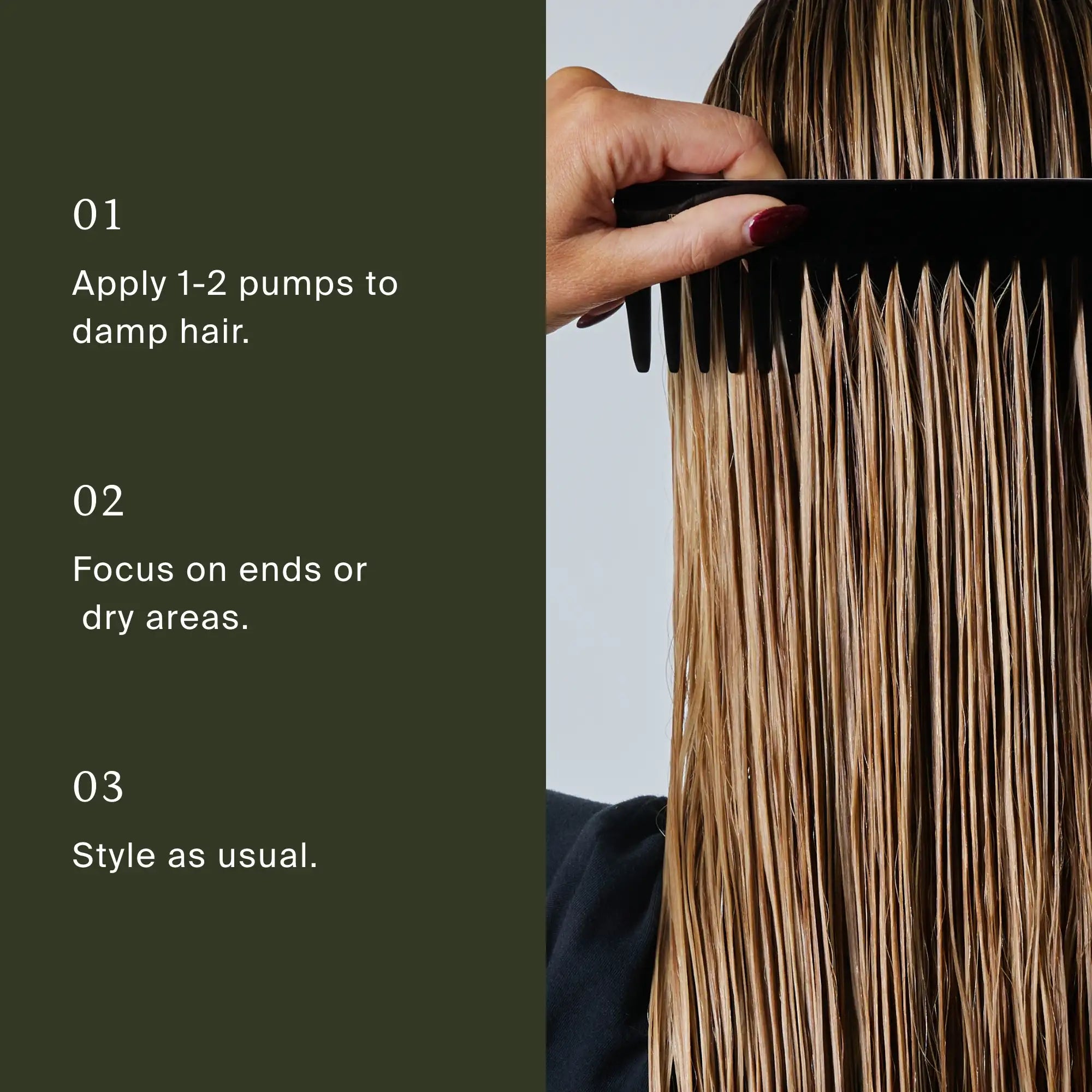 A hand combs through damp, straight, light brown hair. On the left, instructions read: 1. Apply 1–2 pumps of Restore Repair Leave-In to damp hair. 2. Focus on ends or dry areas to help prevent split ends. 3. Style as usual.