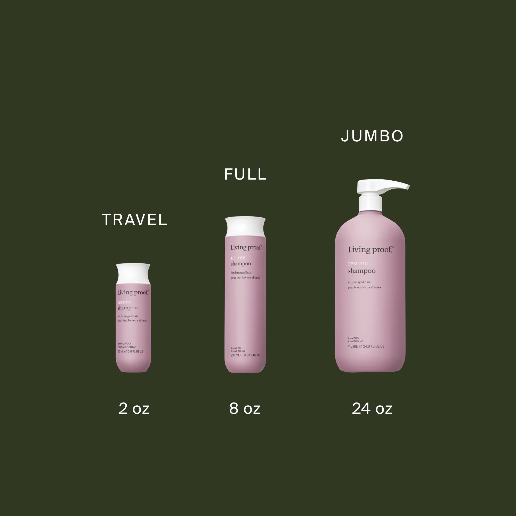 Three pink Restore Shampoo bottles by Living Proof in Travel (2 oz), Full (8 oz), and Jumbo (24 oz) sizes are displayed left to right on a dark green background, formulated with Sili-CLONE HairTech to improve hair texture.