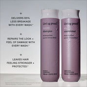Two mauve bottles of Living Proof Restore Shampoo stand side by side on a gray surface. Text highlights benefits: 95% less breakage, improved hair texture, and stronger, protected hair with every wash.