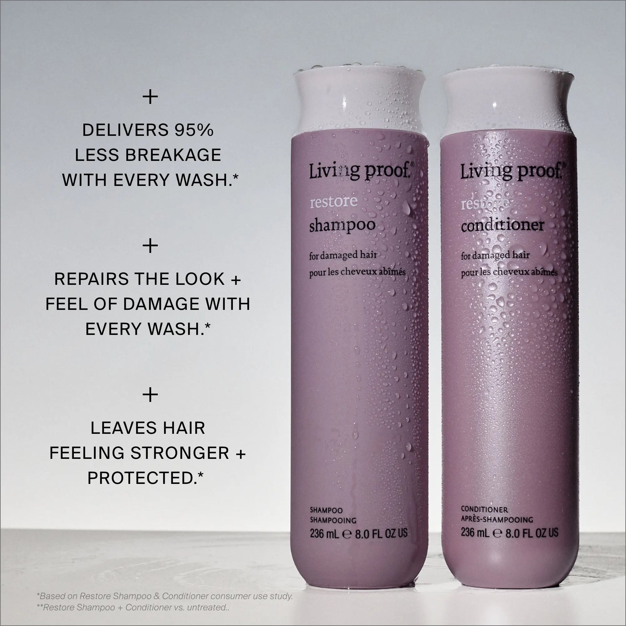 Two mauve bottles of Living Proof Restore Shampoo stand side by side on a gray surface. Text highlights benefits: 95% less breakage, improved hair texture, and stronger, protected hair with every wash.
