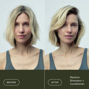 Side-by-side photos of a woman with short blonde hair: the left is labeled Before, and the right shows her hair looking noticeably smoother and shinier after using Restore Wash Duo.