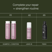 Three hair repair steps are shown: Restore Wash Duo (shampoo and conditioner bottles), a leave-in treatment with Sili-CLONE HairTech, and a finishing spray—all by Living Proof—set against a dark green background.