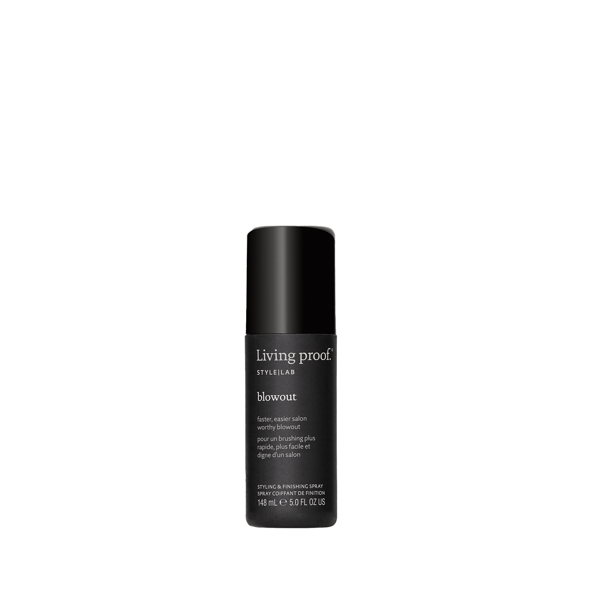 A black bottle of Style Lab® Blowout styling spray, 5.0 fl oz (148 ml), labeled for a long-lasting blowout, shown on a plain white background.
