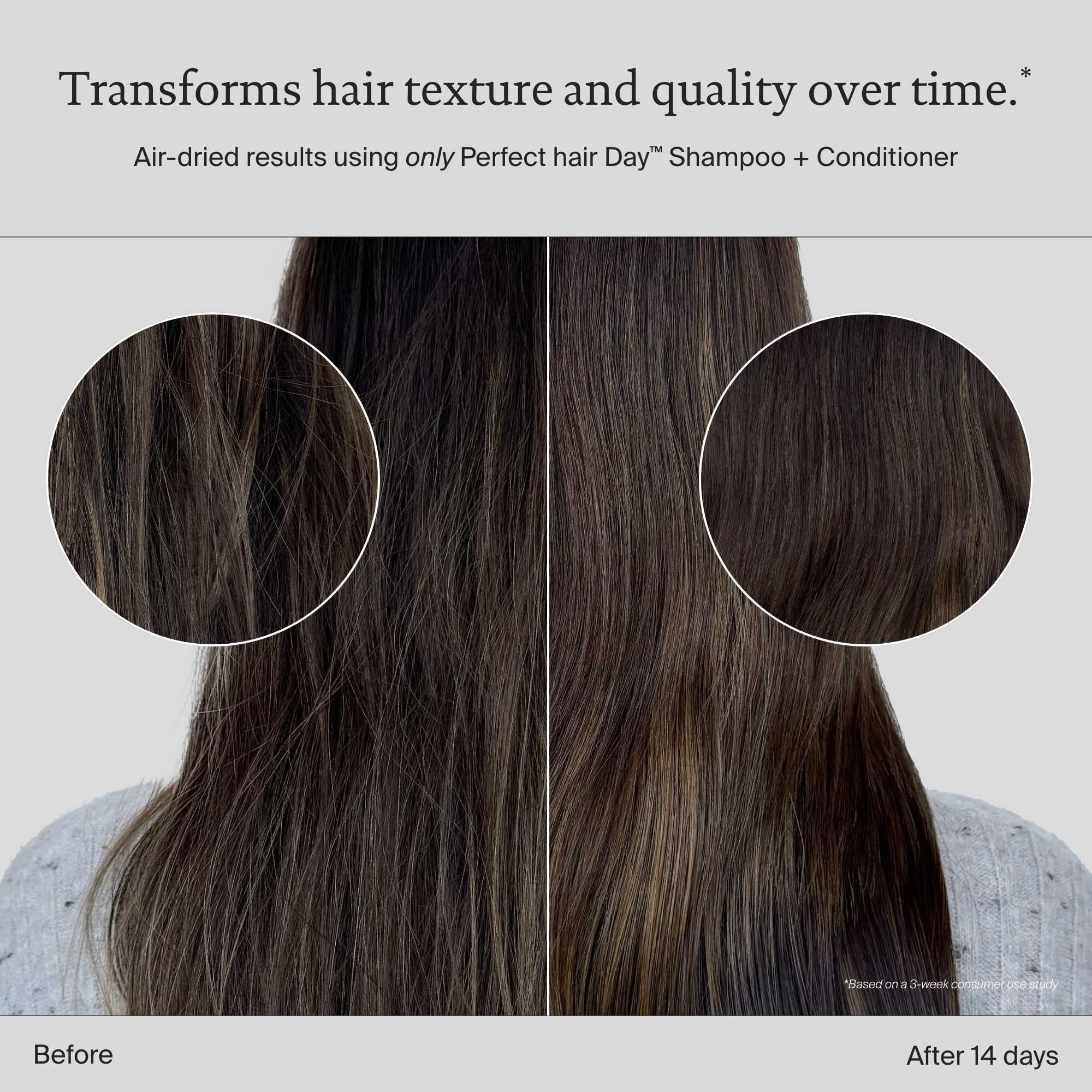 Side-by-side comparison shows hair before and after 14 days using Perfect hair Day™ Wash Duo Refill, revealing frizzy, rough hair on the left and smoother, shinier hair with lasting hydration on the right.