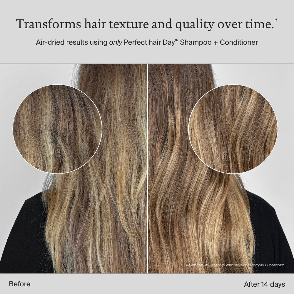 Side-by-side comparison of hair before and after 14 days using Perfect hair Day™ Conditioner with Sili-CLONE™ HairTech shows smoother, shinier texture, more vibrant color, and improved hydration in the “after” image.