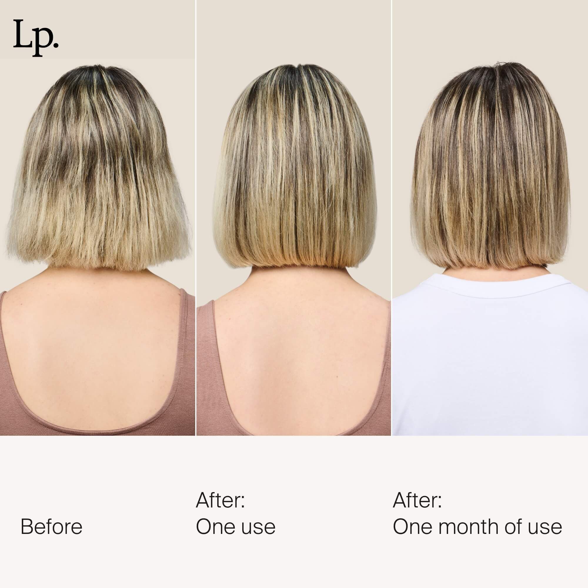 Three side-by-side photos show the back of a womans head with short, blonde hair labeled Before, After: One use, and After: One month of use, highlighting increased softness and shine from using the Restore Repair Mask over time.