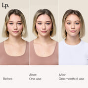 Three side-by-side photos of a young woman with short blonde hair show her face before, after one use, and after one month of using Restore Repair Mask. Her complexion visibly transforms, revealing added shine and hydration over time.