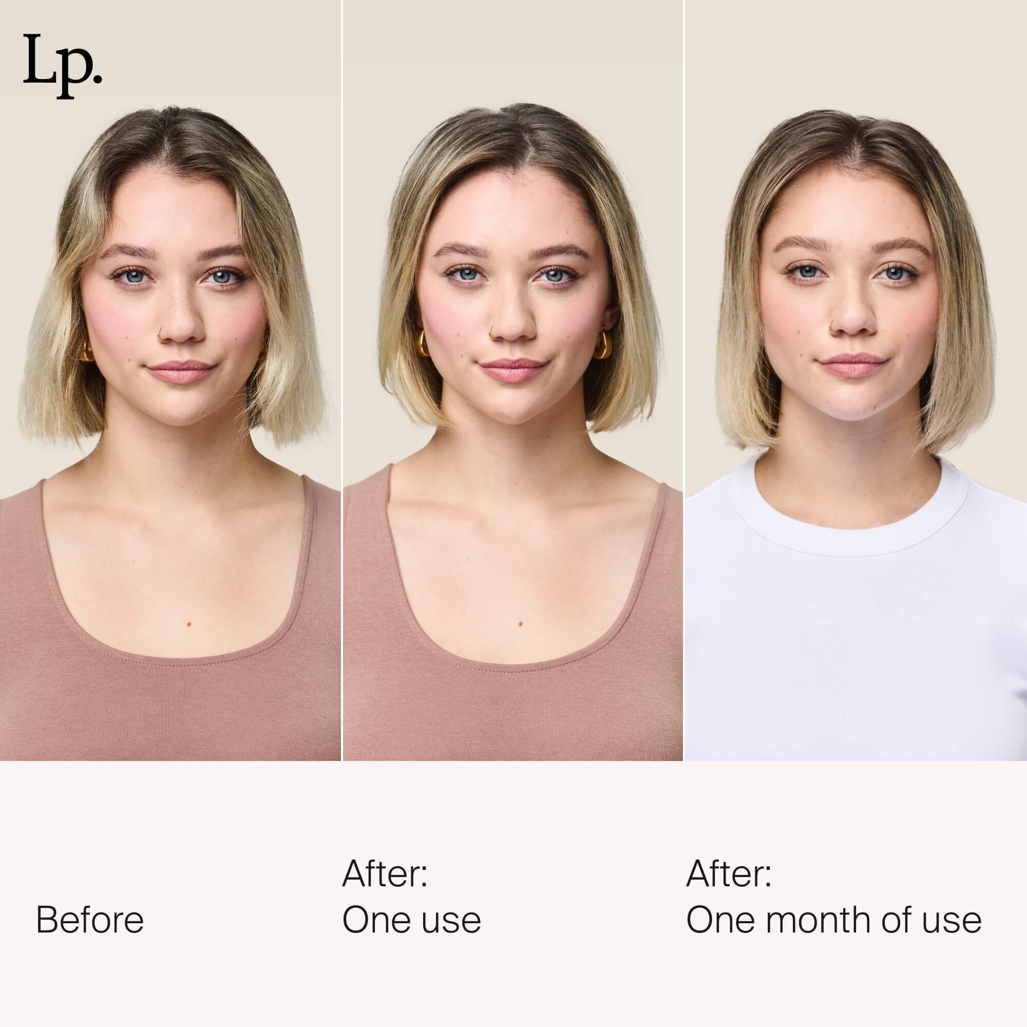 Three side-by-side photos of a young woman with short blonde hair show her face before, after one use, and after one month of using Restore Repair Mask. Her complexion visibly transforms, revealing added shine and hydration over time.