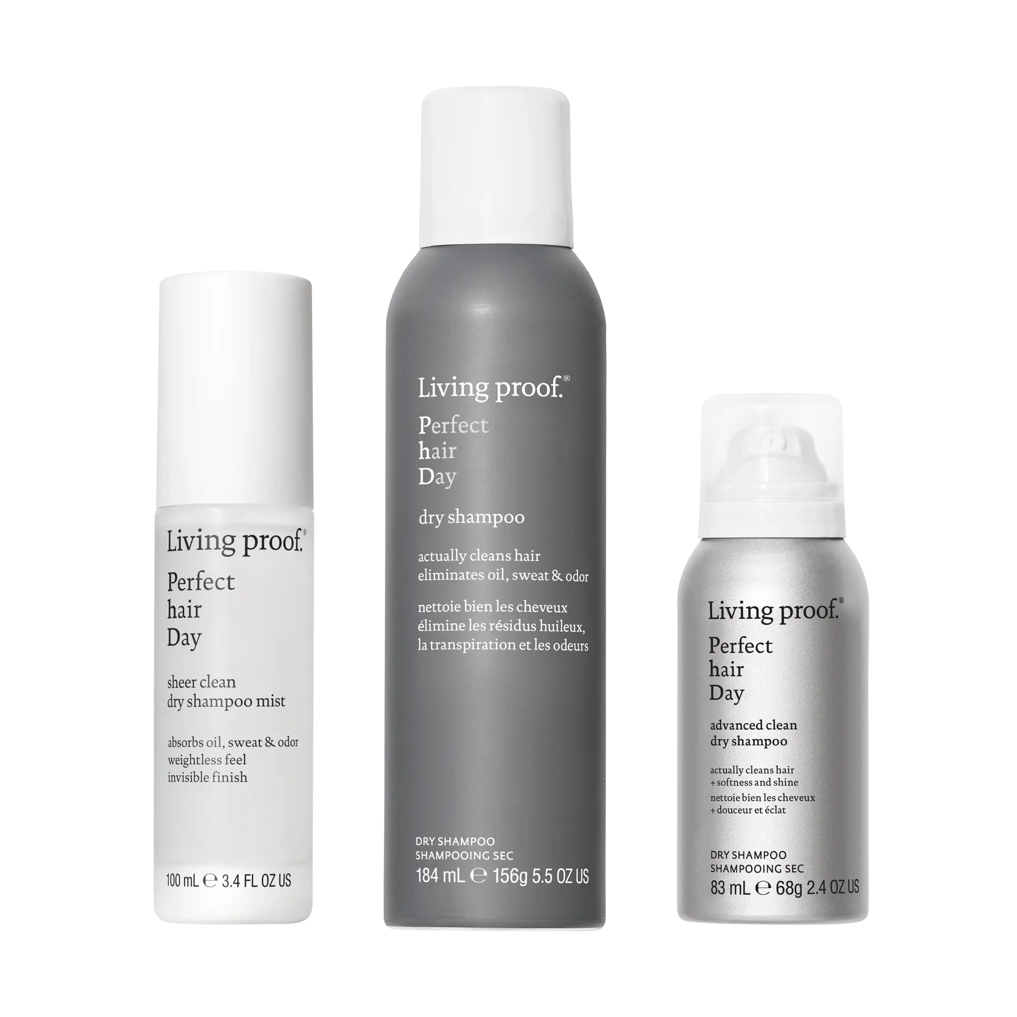 The Clean Hair Set includes three Living Proof hair care products: a sheer clean micellar dry shampoo mist (100 ml), a perfect hair day dry shampoo (184 ml), and an advanced clean dry shampoo (88 ml). Each bottle features a white and gray minimalist design, offering an easy way to achieve effortlessly clean hair.