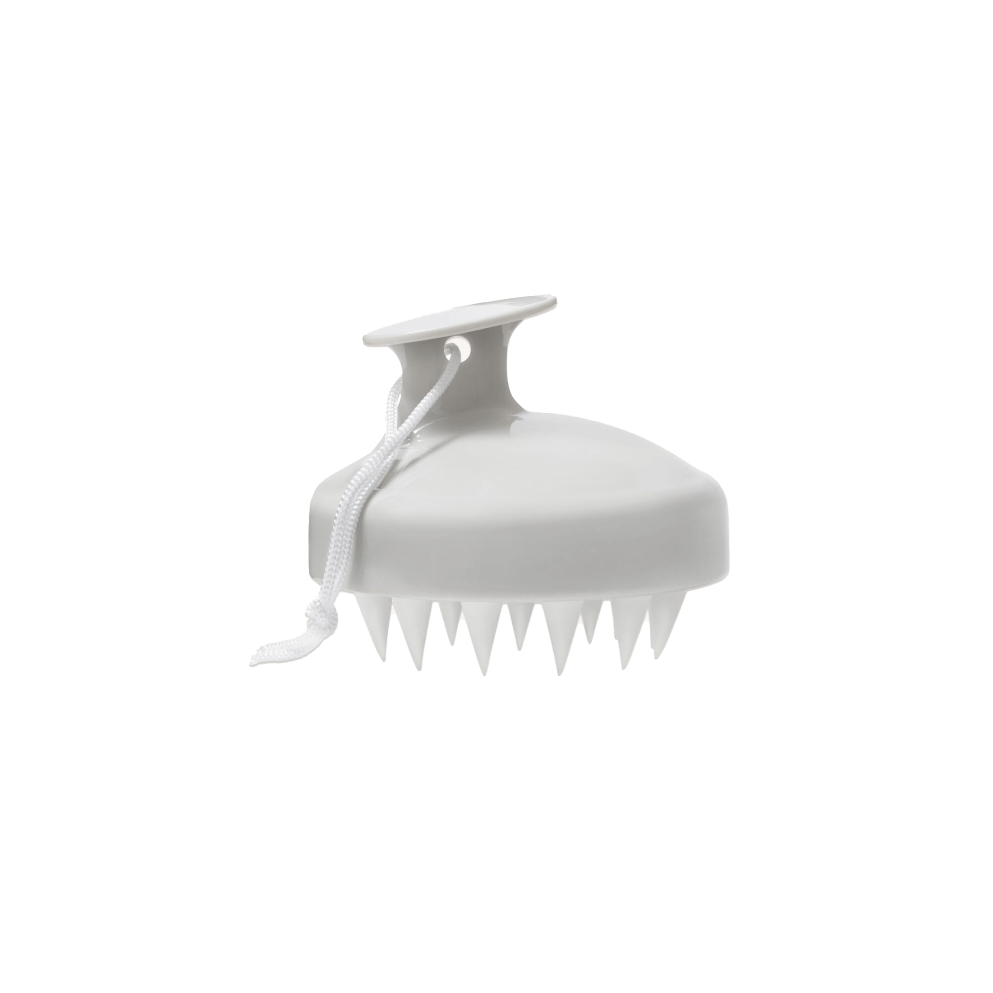 The Scalp Care Massager is a white handheld tool with a handle, pointed silicone bristles, and a looped hanging cord, designed to boost circulation and exfoliate the scalp. Shown isolated on a transparent background.