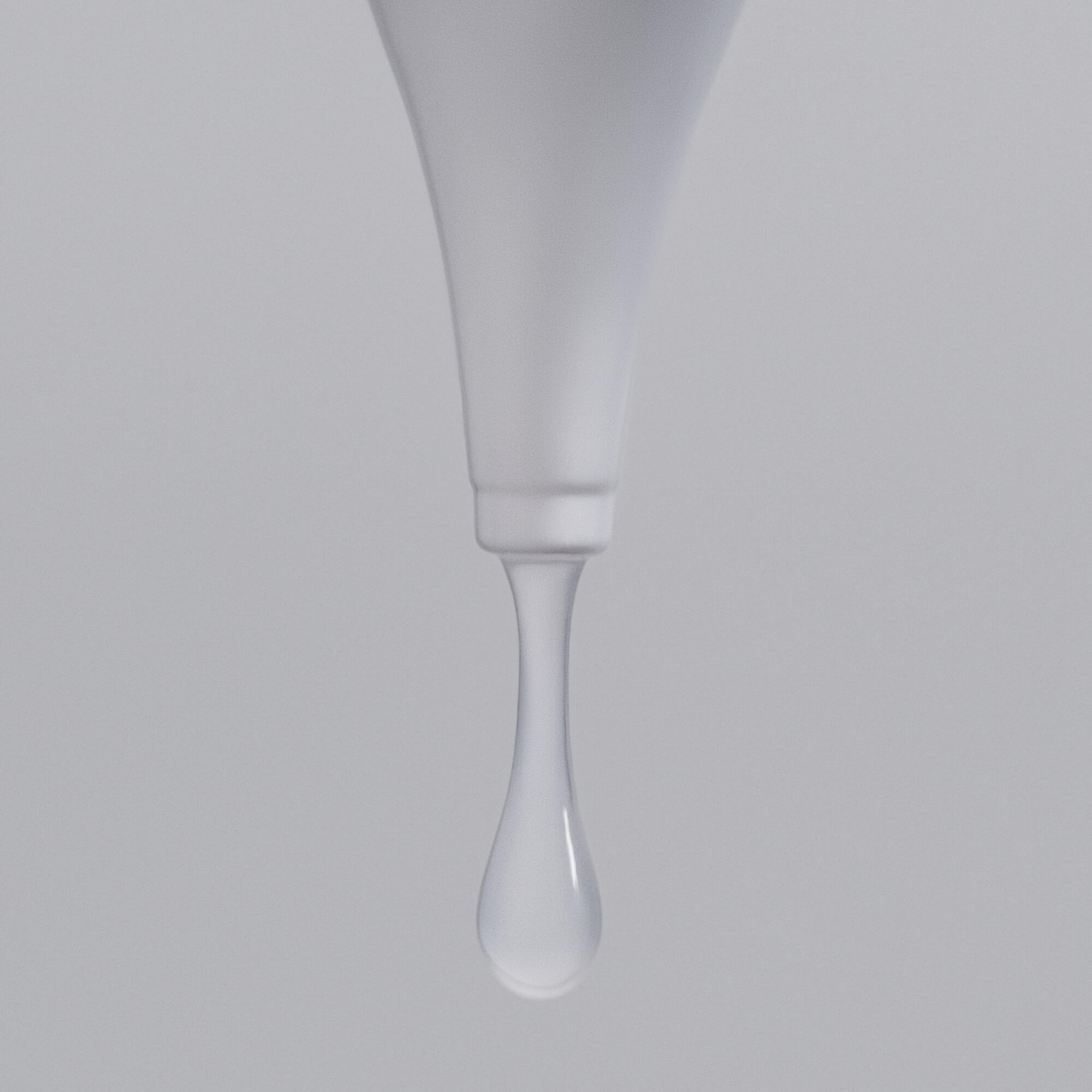 A close-up of a white Scalp Care Dry Scalp Treatment squeeze tube with a single drop of instant hydration about to fall from its tip against a plain, light gray background.