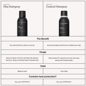 Comparison chart of Style Lab® Flex Hairspray (medium hold for touchable hair) and Control Hairspray, showing images, benefits, usage instructions, hold levels, and heat protection up to 410°F/210°C.