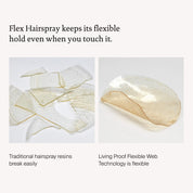 Side-by-side comparison: on the left, broken pieces of traditional hairspray resin; on the right, a single flexible piece from Style Lab® Flex Hairspray, featuring Living Proof Flexible Web Technology for touchable, set style.