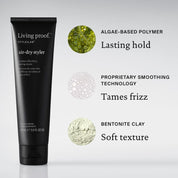 A tube of Style Lab® Air-Dry Styler is shown beside three ingredient highlights: algae-based polymer for hold, proprietary smoothing technology to reduce frizz, and bentonite clay for enhanced natural texture.