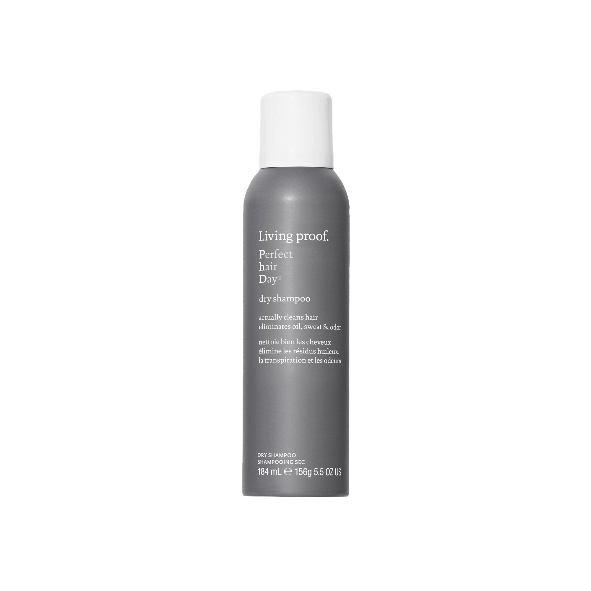Gray bottle of Perfect hair Day™ Dry Shampoo with a white cap, white text promoting its oil-absorbing formula and lasting scent, plus bilingual product details in English and French.