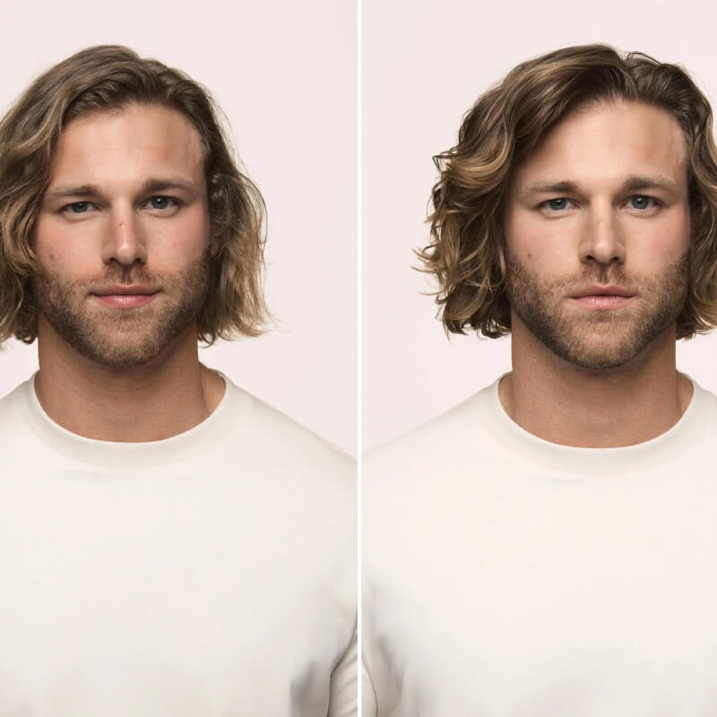 Side-by-side comparison of a man with shoulder-length hair against a plain background