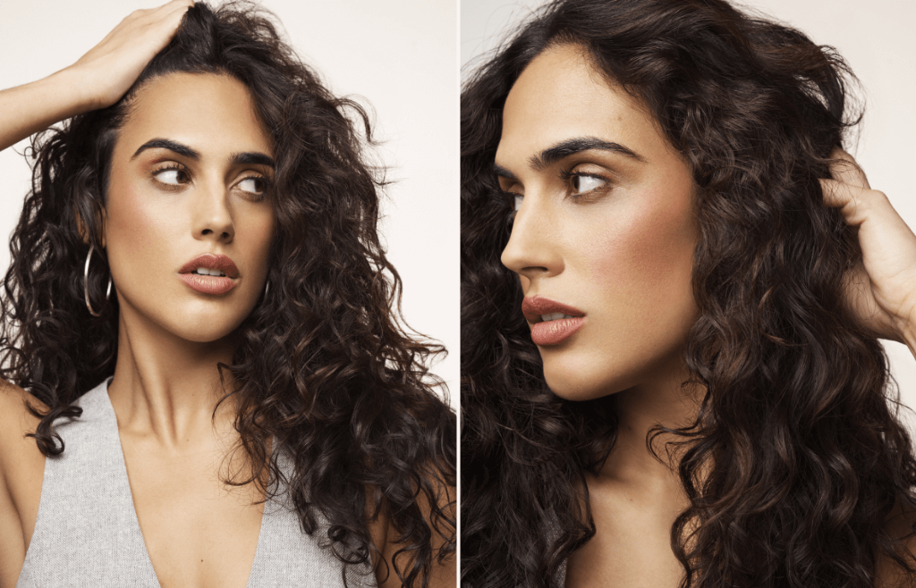 Side-by-side photos of a woman with brown curly hair