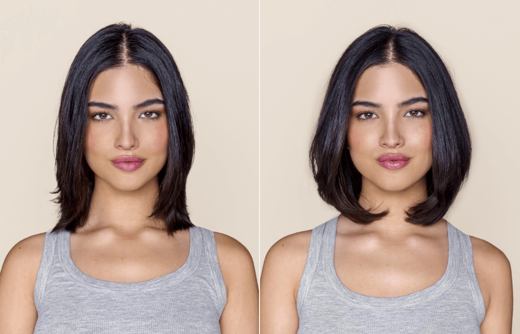 side-by-side image of woman with flat and voluminous hair